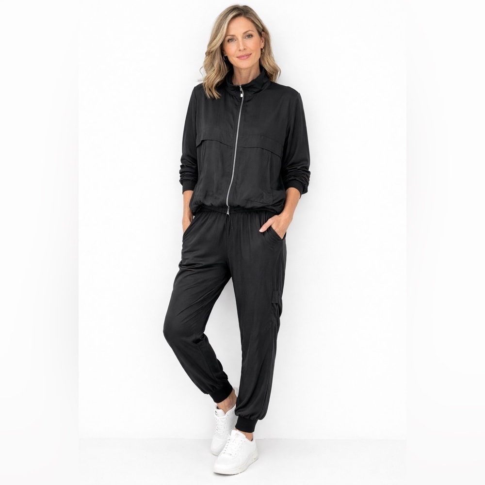 Lola & Sophie Black Satin Track Set Cargo Joggers Crop Drawstring Jacket Size L